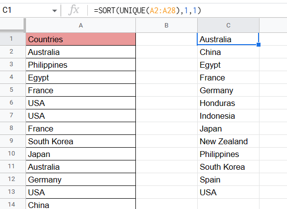 Cách sắp xếp các giá trị duy nhất (Unique) trong Google Sheets