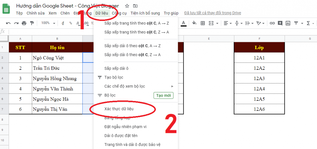 Hướng dẫn tạo danh sách thả xuống (Drop-List) trong Google Sheets