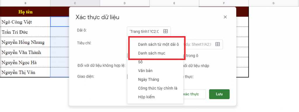 Hướng dẫn tạo danh sách thả xuống (Drop-List) trong Google Sheets