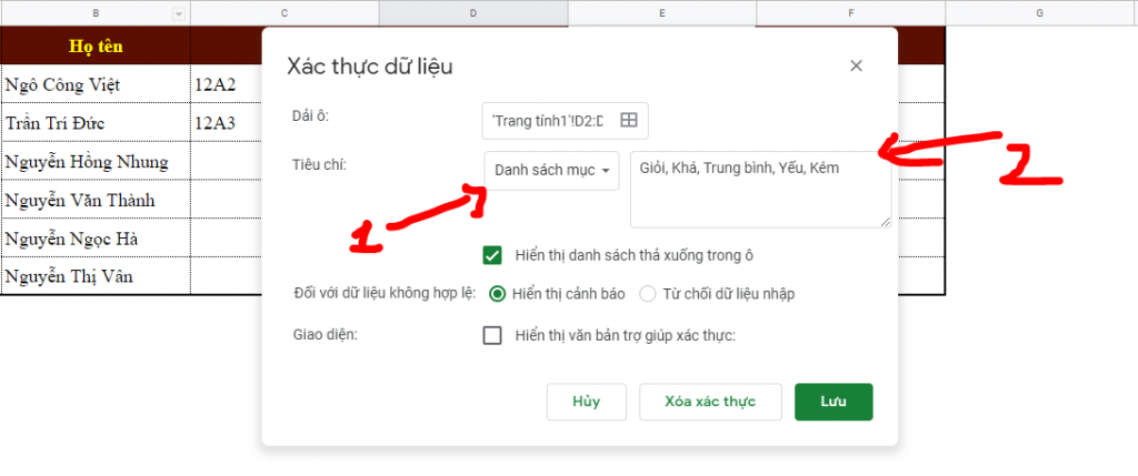 Hướng dẫn tạo danh sách thả xuống (Drop-List) trong Google Sheets