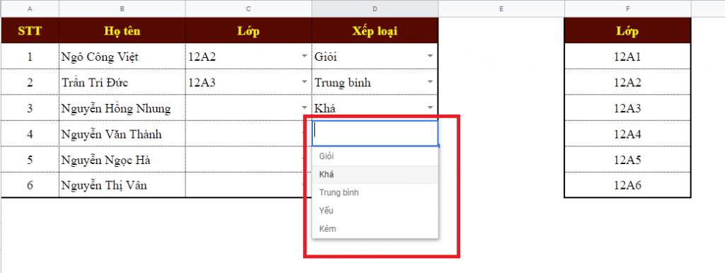 Hướng dẫn tạo danh sách thả xuống (Drop-List) trong Google Sheets