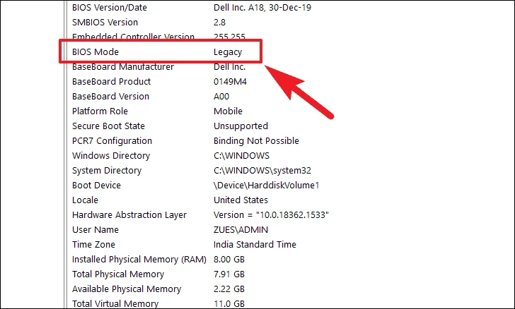 Chế độ BIOS, nó sẽ là 'Legacy' hoặc 'UEFI'