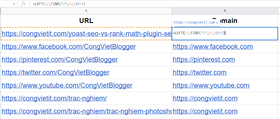 Hướng dẫn trích xuất tên miền từ URL trong Excel và Google Sheet