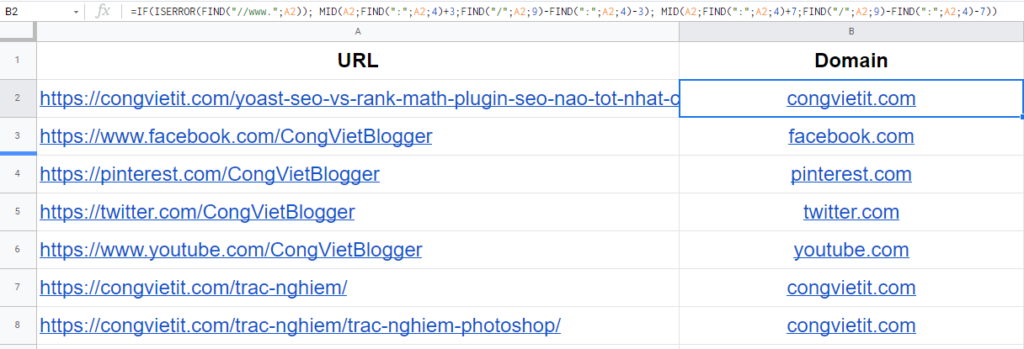 Hướng dẫn trích xuất tên miền từ URL trong Excel và Google Sheet