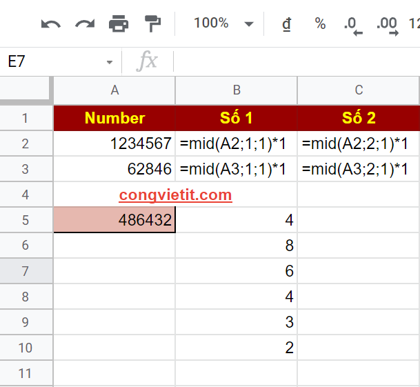 Tách 1 số thành các chữ số riêng lẻ trong Google Sheet - Congvietit.com