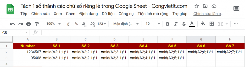 Tách 1 số thành các chữ số riêng lẻ trong Google Sheet - Congvietit.com