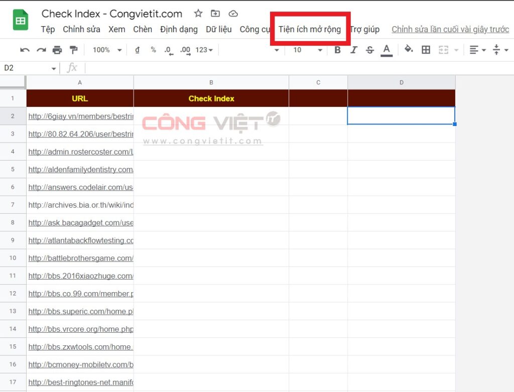 Share Code check Index URL sử dụng Google Apps Script trên Google Sheets - congvietit.com