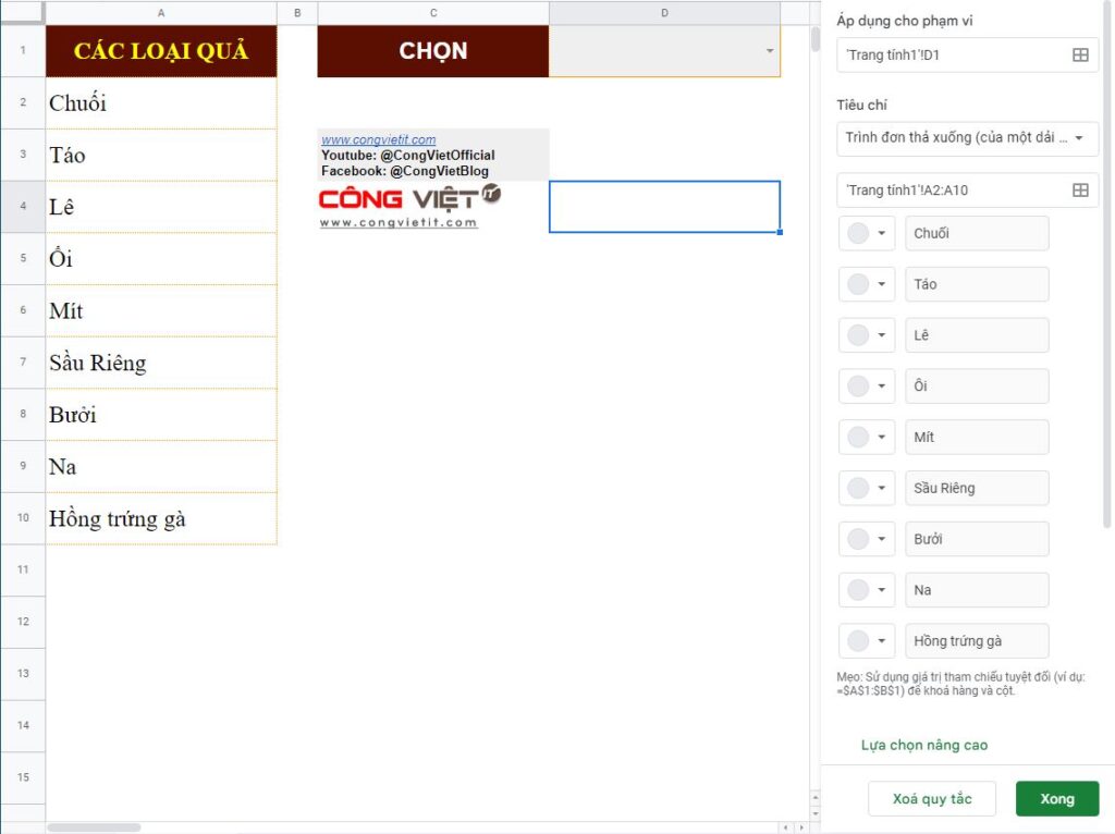 Cách sử dụng Google Apps Script để tạo danh sách thả xuống đa lựa chọn trong Google Sheets Công Việt Blog