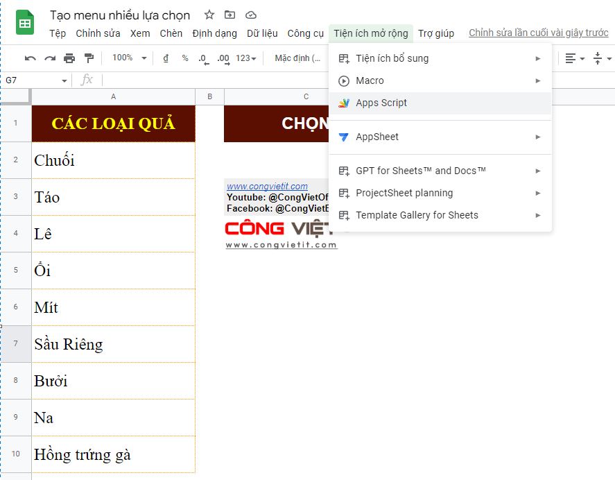 Cách sử dụng Google Apps Script để tạo danh sách thả xuống đa lựa chọn trong Google Sheets Công Việt Blog