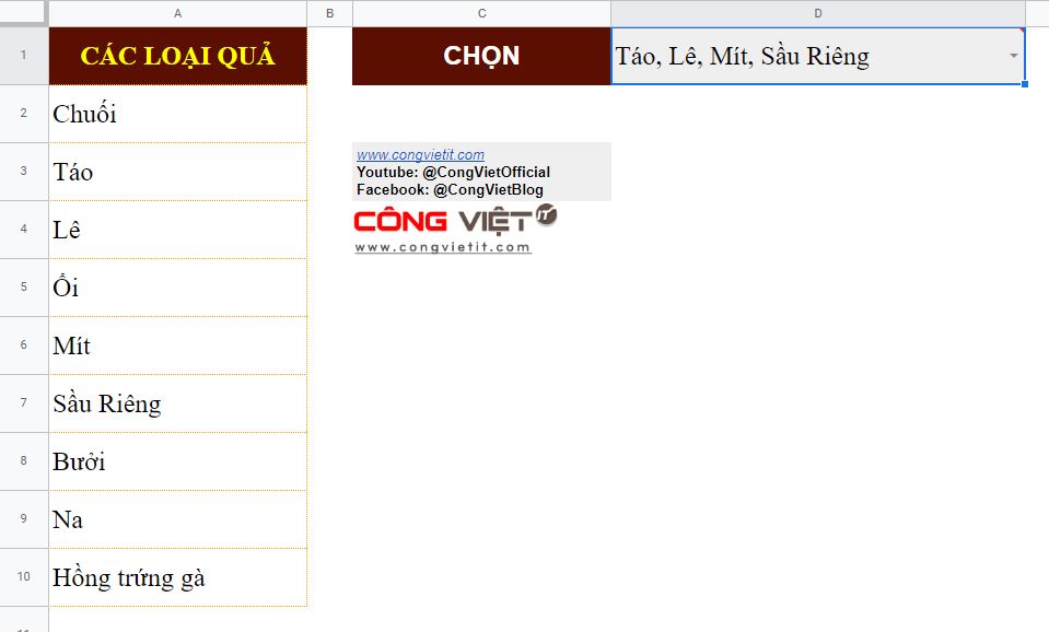 Cách sử dụng Google Apps Script để tạo danh sách thả xuống đa lựa chọn trong Google Sheets Công Việt Blog